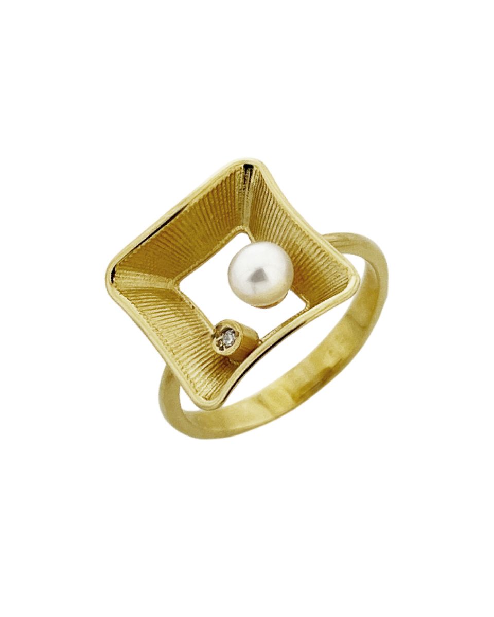 Χρυσό Δαχτυλίδι με Μαργαριτάρι και Διαμάντια Κ14 (093287)